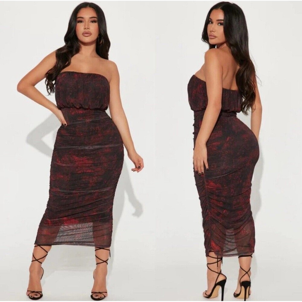 Fashion Nova All Meshed Up Mesh Midi Dress Red & Black Combo Strapless Sz Large
